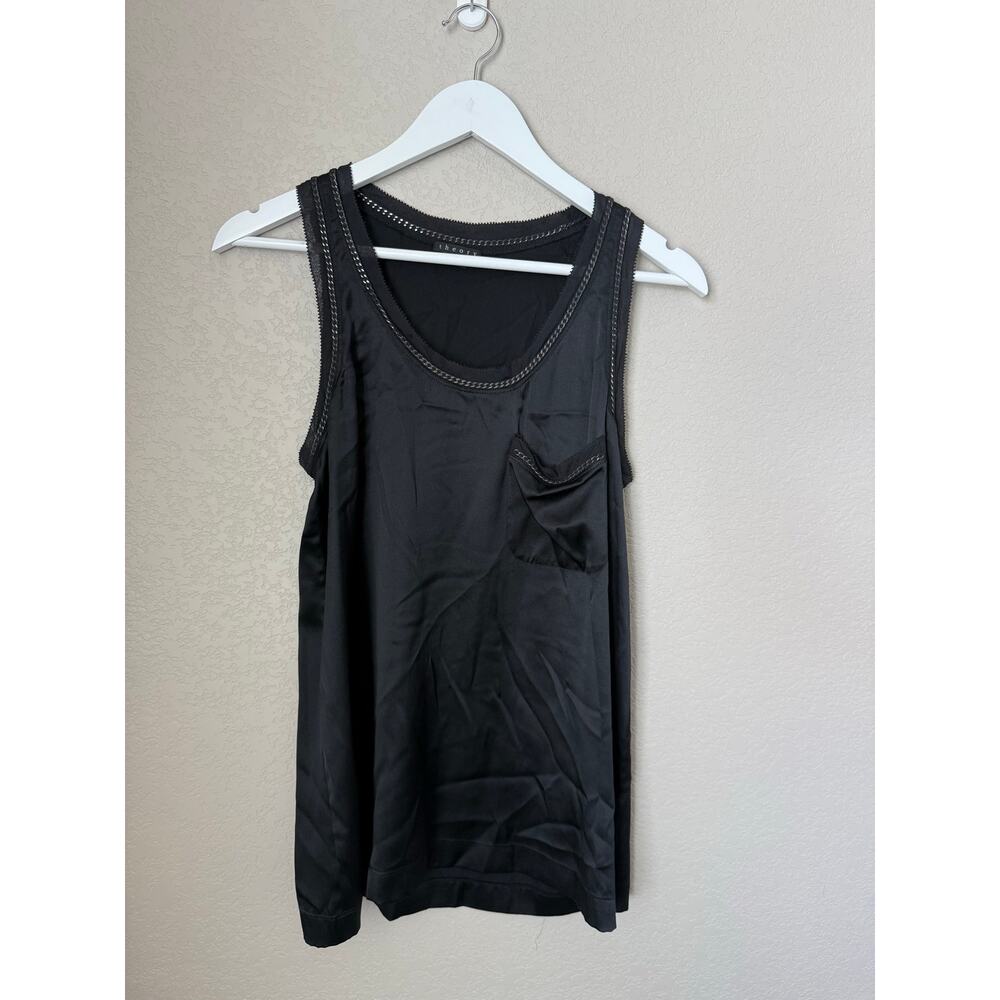 Theory Black Silk Carmelita Tank Top Silver Chain Trim Sz Small Luxury Designer